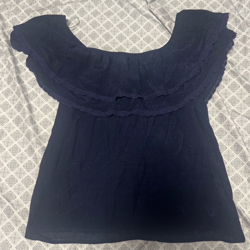 BCX Blue Smocked Ruffled Blouse Size XS